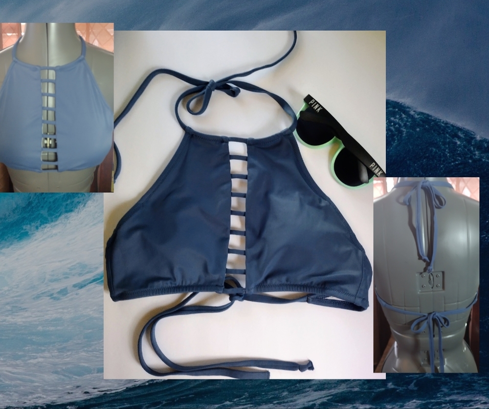 PINK Victoria's Secret Chalk Blue Swim Halter EUC